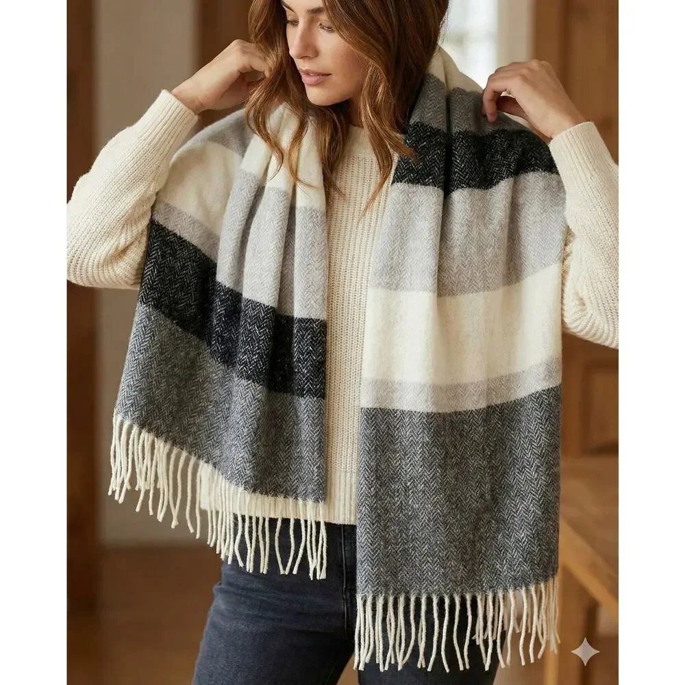 Madison 88 Blanket Scarf Gray Black Cream Colorblock Stripe Fringe